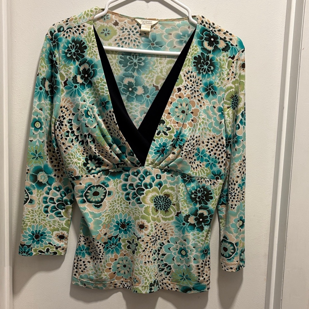 Christopher & Banks Floral V-Neck Blouse - Teal and Black